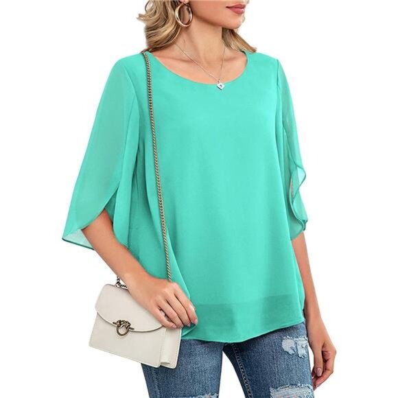 Womens Casual Scoop Neck Loose Top 3/4 Sleeve Chiffon Blouse Shirt Tops - Picture 3 of 5